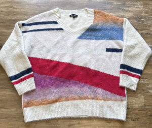 Sisters Wool Mohair Sweater S/M Multi Stripe V Neck Super Soft 3/4 Sleeve EUC